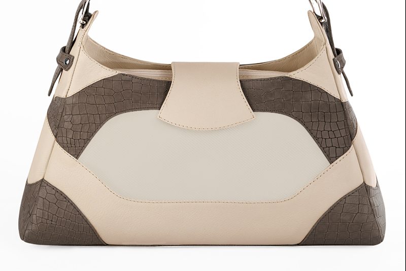 Dress handbag in taupe brown, off white and champagne white leather - Rear view